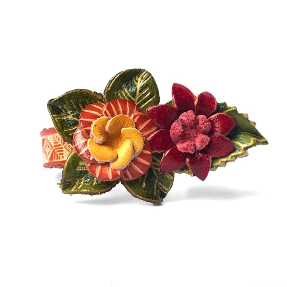 2 LEFT! Genuine Leather Handmade Handcrafted Flower Snap Bracelet - Picture 2 of 4